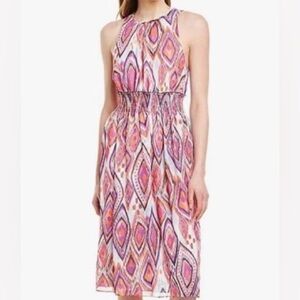 Trina Turk Mao Printed Purple Pink Smocked Midi Dress Mock Neck Sleeveless 4